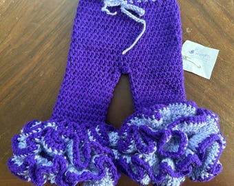 Crocheted girls cha-cha pants, ruffled bottom pants, size 6 months, purple and grey