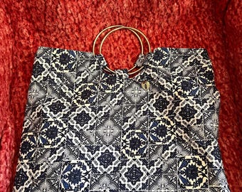Handmade sewn silver metal handles purse - navy blue and white