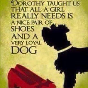May include: A whimsical image with text that reads "Dorothy taught us that all a girl really needs is a nice pair of shoes and a very loyal dog." The image features a pair of red shoes and a black dog silhouette.