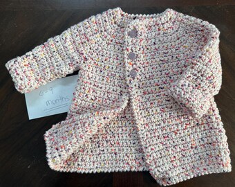 Crocheted girls winter coat, size 6-9 months, rainbow confetti