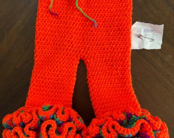 Crocheted girls cha-cha pants, ruffled bottom pants, size 12 months, orange and rainbow