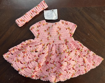 Crocheted girls dress with matching headband, size 3-6 months, pink and red