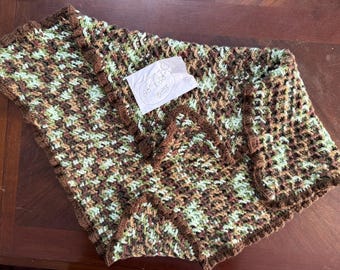 Crocheted baby blanket, green camouflage and dark chocolate brown, 28”x28” square