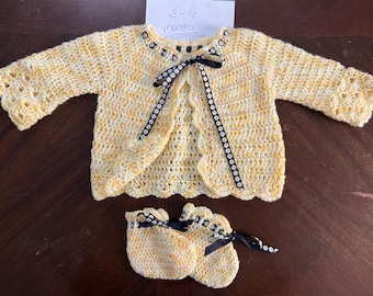 Crocheted girls jacket with matching booties, size 3-6 months, yellow and white
