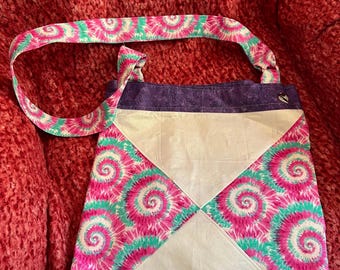 Handmade sewn shoulder strap purse - multi swirl, white and purple