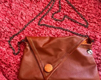 Handmade sewn chain shoulder strap purse - brown faux leather with button trim