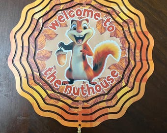 8 inch Wind Spinner with Crystal Dangle, Squirrel “Welcome to the nuthouse”