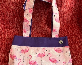 Sewn shoulder strap purse, medium - pink flamingo and purple