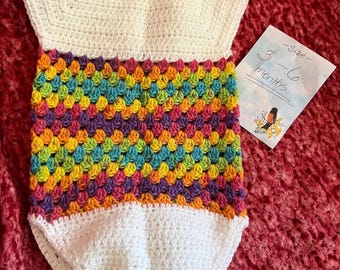 Crocheted baby romper outfit, size 3-6 months, boy or girl, white and rainbow