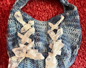 Crocheted shoulder purse - denim blue with lace trim