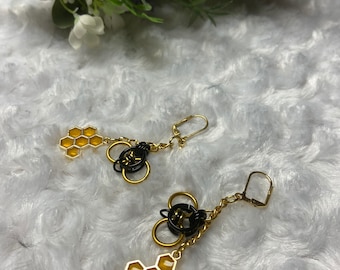 Gold chain maille bumble bee and honeycomb dangle earrings with chain