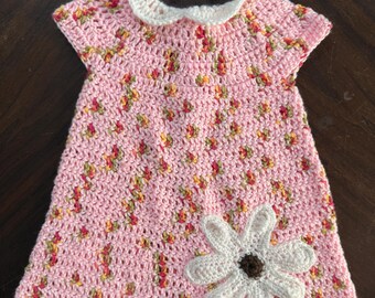 Crocheted girls collared dress with flower appliqué, size 6-9 months, pink, red and white