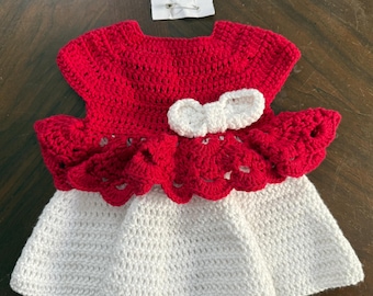 Crocheted girls ruffled dress with bow, size 6-9 months, red and white