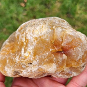 May include: A natural, uncut stone with a rough, textured surface. The stone is a mix of golden yellow and amber hues, with areas of lighter and darker coloration. The stone is held in a hand against a blurred green background.
