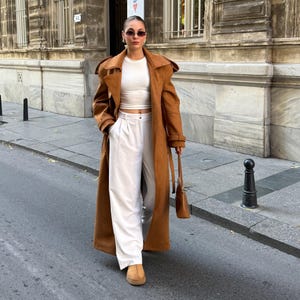 Brown Faux Suede Trench Coat: Long Belted Winter Overcoat