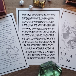 May include: Three pieces of paper with black ink drawings and text. The first piece of paper has a circle with a star inside and a triangle with a star inside. The second piece of paper has a long column of text. The third piece of paper has a skull with flames and a column of text.