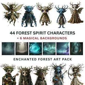 May include: An art pack showcasing 44 forest spirit characters and 6 magical backgrounds. The characters are in diverse poses and attire, with features such as wings, antlers, and musical instruments. The backgrounds depict mystical forest scenes.