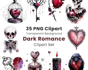 May include: A digital clipart set titled "Dark Romance" featuring watercolor illustrations. The set includes a heart in a cage, a key with a heart, a rose, a skull, a heart-shaped frame, a broken heart, a potion bottle, a candle, and a raven.