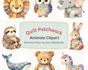 Quilt Patchwork Animals Clipart  31 Whimsical Plush Toy Style Fabric PNG Bundle