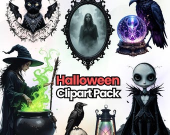 May include: A collection of Halloween-themed clipart featuring a black cat with bat wings, a witch, a raven, a crystal ball, a skull, a lantern, and a gothic mirror. The text "Halloween Clipart Pack" is also included.