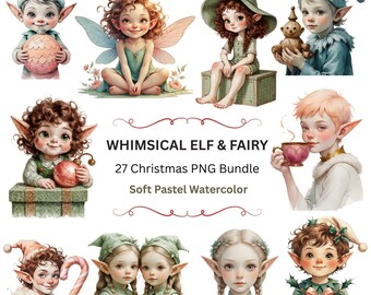 May include: A collection of whimsical elf and fairy illustrations in soft pastel watercolor. The image features various elves and fairies, some holding gifts, a teddy bear, and a cup of tea. Text on the image reads "WHIMSICAL ELF & FAIRY 27 Christmas PNG Bundle".