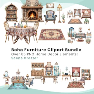 Boho Furniture Clipart Bundle, Bohemian Interior PNG Scene Creator(Digital Download)