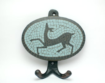 wall hook handmade mosaic with ceramic black and light blue tiles 5mm ( 5,12 in x 5,51 in ) - black deer