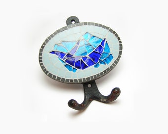 wall hook - handmade mosaic- ceramic black, light blue tiles and blue stained glass tiles ( 5,12 in x 5,51 in ) - bluebird