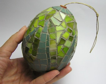 Mosaic Handmade Ornament egg - Christmas Tree and Home decor - green ceramic and glass tiles