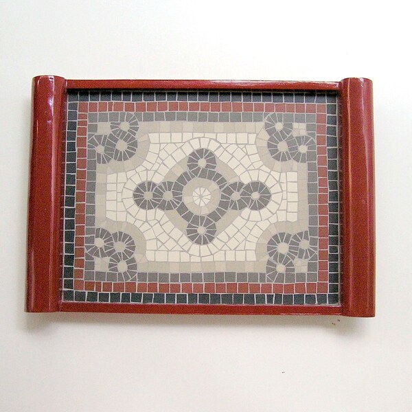 Red wooden serving tray with handmade mosaic art- ceramic tiles