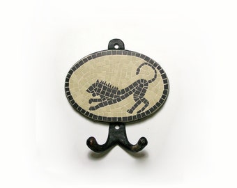 wall hook handmade mosaic with ceramic black and beige tiles 5mm ( 5,12 in x 5,51 in ) - black lion