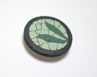 fridge magnet handmade mosaic with green and black ceramic tiles - Green Leaves