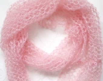 HANDMADE Silk Mohair lace mesh knitted infinity scarf, Baby pink