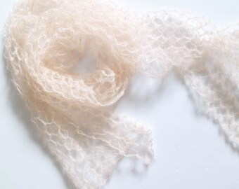 HANDMADE Silk Mohair lace mesh scarf, Natural white