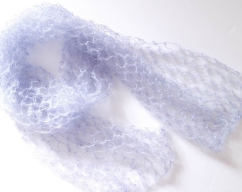 HANDMADE Silk Mohair lace mesh knitted scarf, Baby blue