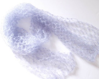 HANDMADE Silk Mohair lace mesh knitted scarf, Baby blue