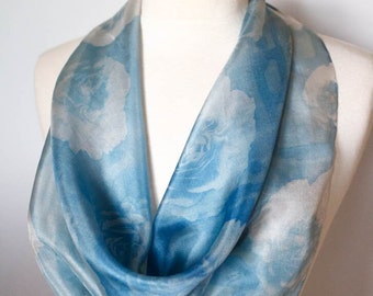HANDMADE Silk Square Scarf, hand-dyed, photographic floral print, Blue