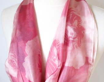 HANDMADE Silk Square Scarf, hand-dyed, photographic floral print, Cherry Pink