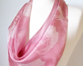 HANDMADE Silk Square Scarf, hand-dyed, photographic floral print, Blush Pink