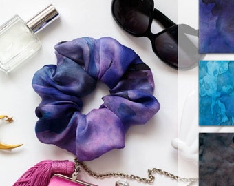 HANDMADE Painted Silk Oversized Hair Scrunchie, 100% Silk, purple, blue, grey, snag-free scrunchyy