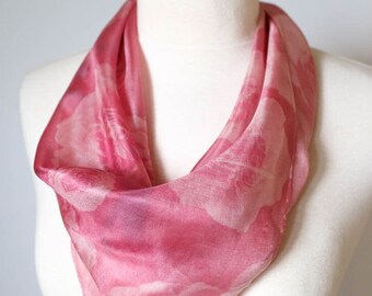 HANDMADE Silk Square Scarf, hand-dyed, photographic floral print, Berry Pink