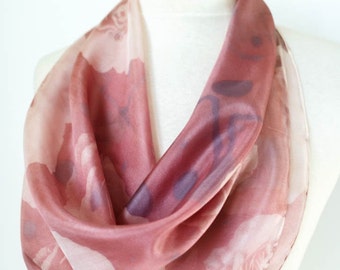 HANDMADE Silk Square Scarf, hand-dyed, photographic floral print, Sepia