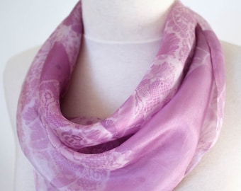 HANDMADE Silk Square Scarf, hand-dyed, photographic lace print, Purple Jelly
