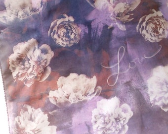 HANDMADE Printed Cotton Handkerchief, hand-dyed, photographic peony floral love print, Purple and blue