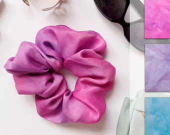 HANDMADE Painted Silk Oversized Hair Scrunchie, 100% Silk, fuchsia pink, light purple, light blue, snag-free scrunchyy