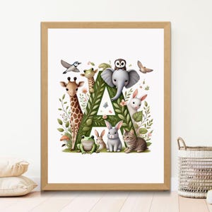 Initial letter name / Jungle animal design / Nursery printable wall art / Kids room decor print