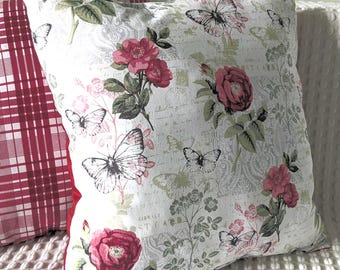 Cojín decorativo rojo con mariposas y flores, cojín decorativo de algodón