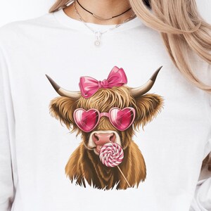 Shaggy Cow DTF Print Highland Cow with Hearts, Bow and Lollipop Direct to Film Transfer Ready to Press