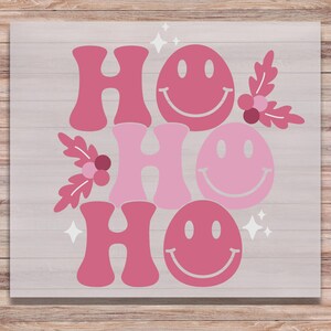 Ho Ho Ho DTF Transfer Merry Christmas Pink Smiley Face and Holly Berry Direct to Film transfer Retro Santa Ready to Press