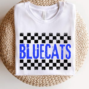 Bluecats DTF Transfer Distressed School Mascot Sports Team with Checkered Board Direct to Film Transfer ready to Press